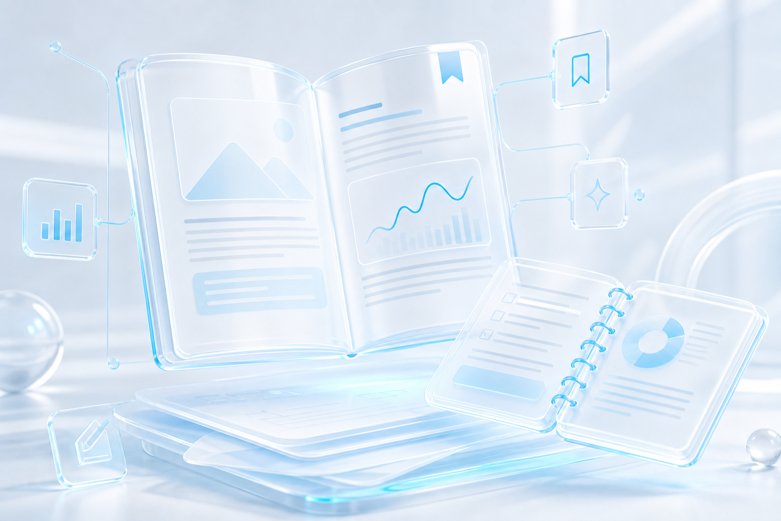 Bright glass open book, notebook, and floating insight icons on ice-white cyan light