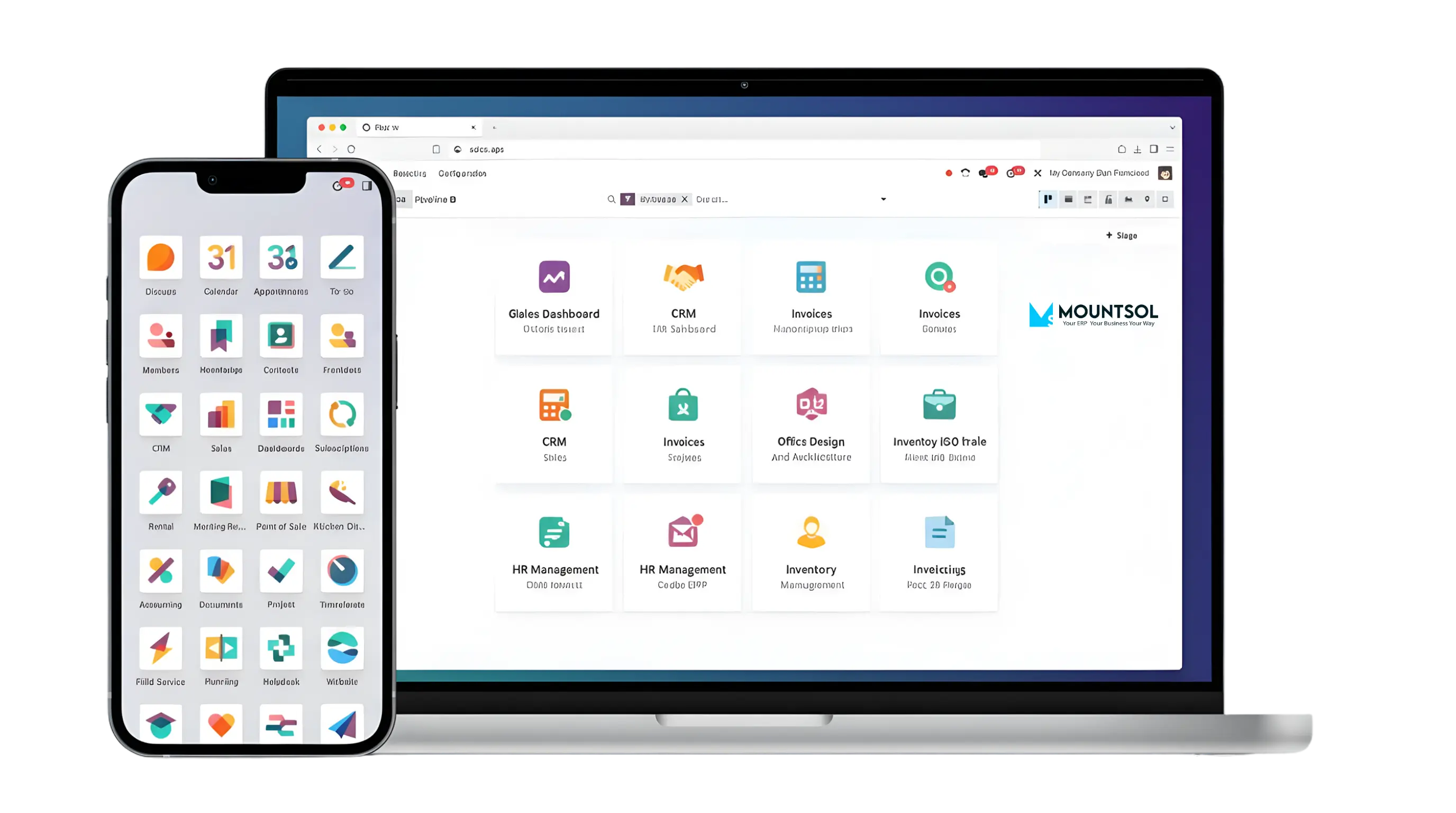 Mountsol Odoo ERP apps on desktop and mobile