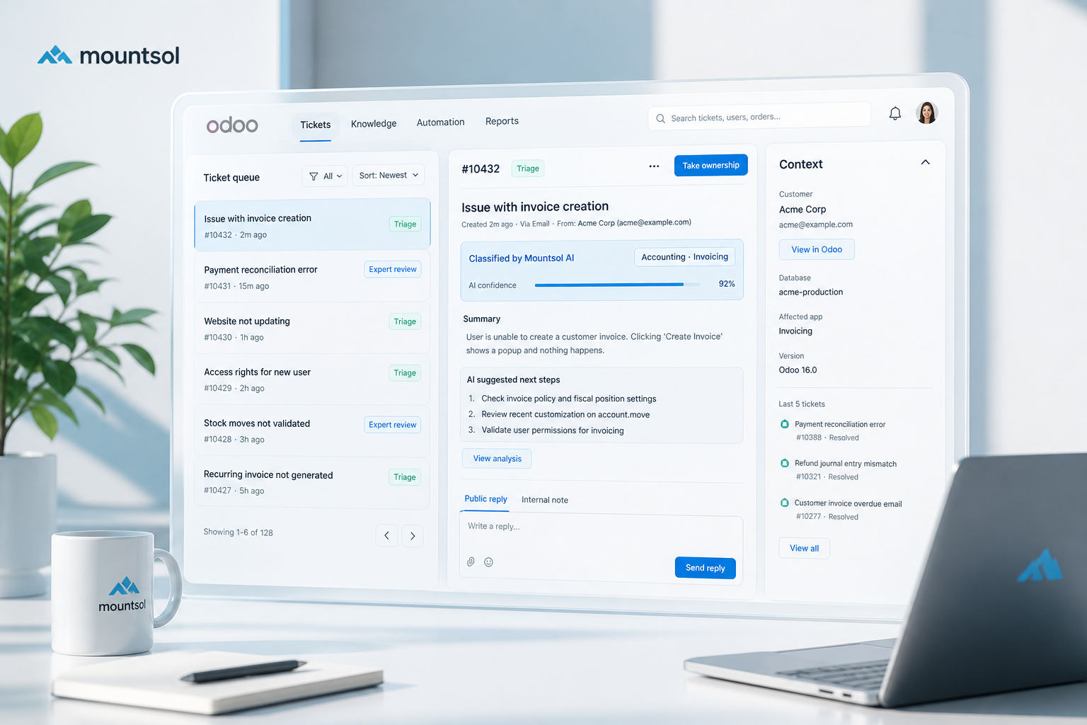 Odoo support console with AI triage and expert review