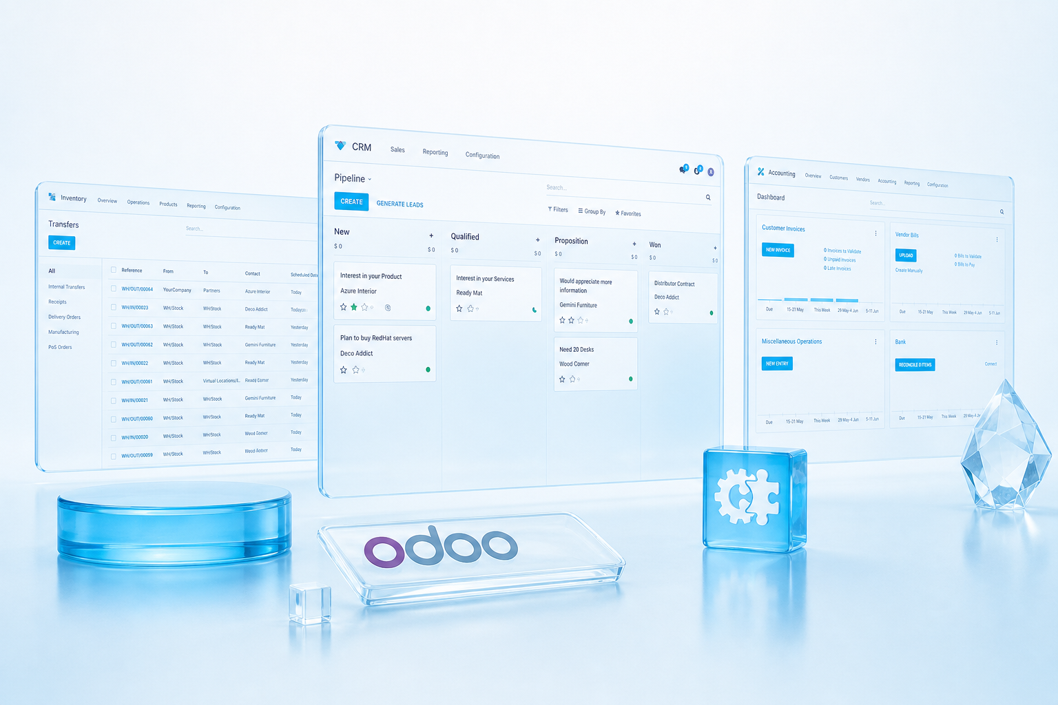 CRM, inventory, and accounting views adapted on Odoo