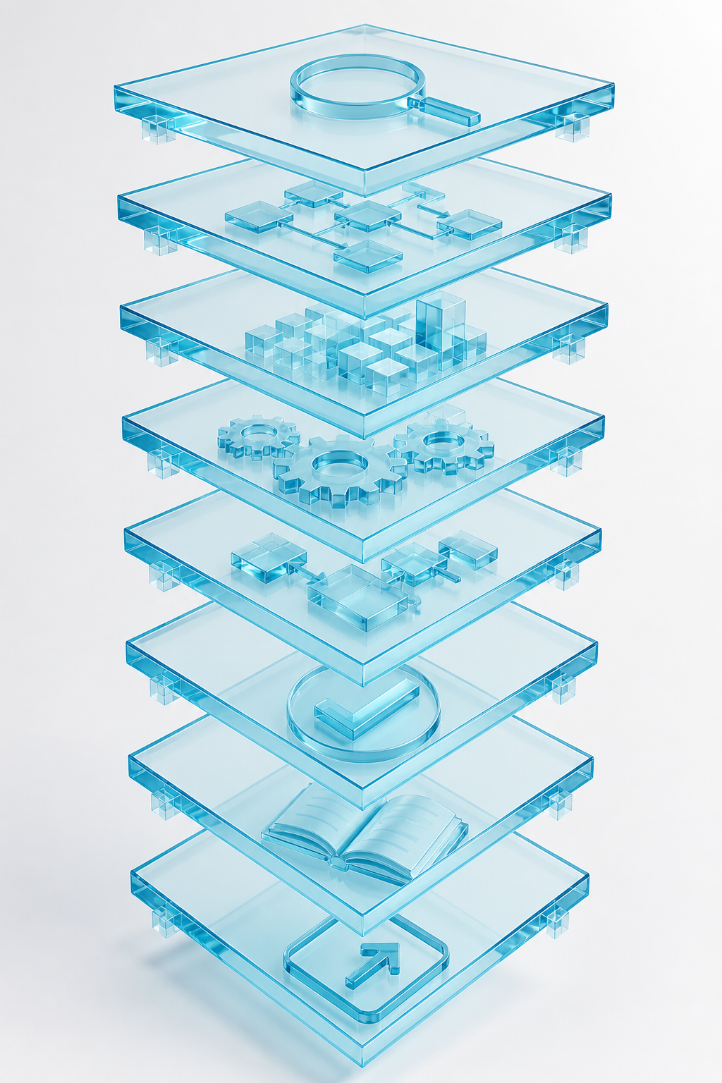Layered discovery-to-go-live ERP implementation path in ice-cyan glass plates