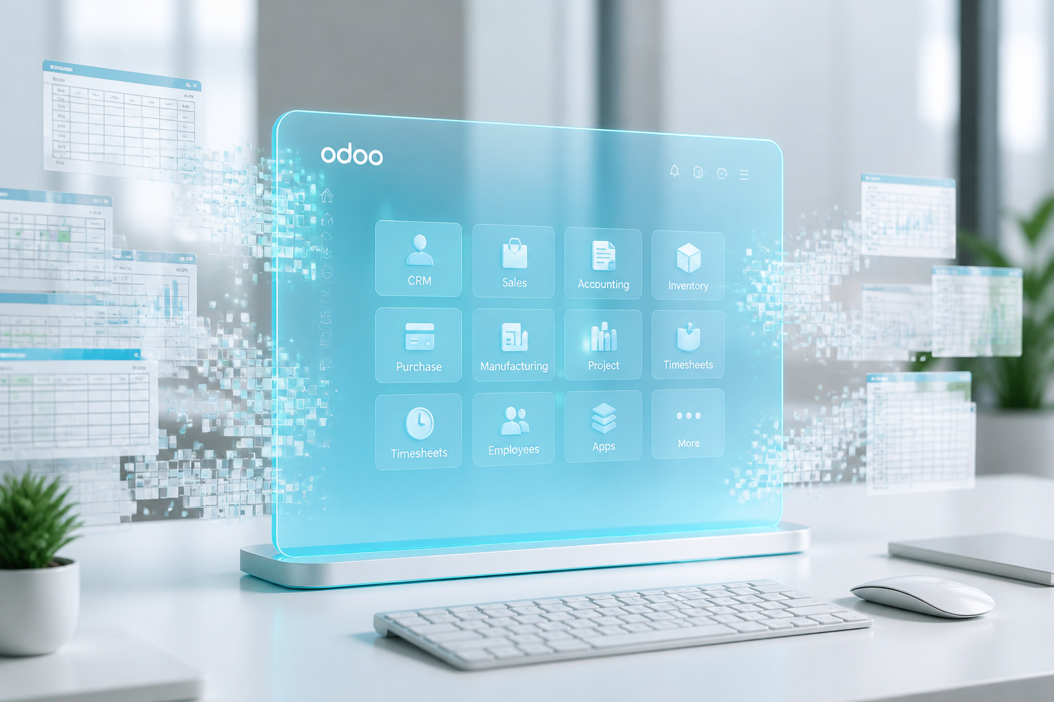 Fragmented spreadsheets resolving into a single ice-cyan Odoo ERP hub