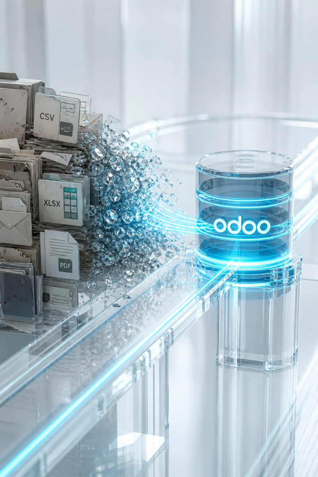 Legacy files moving along ice-cyan rails into a clean Odoo database