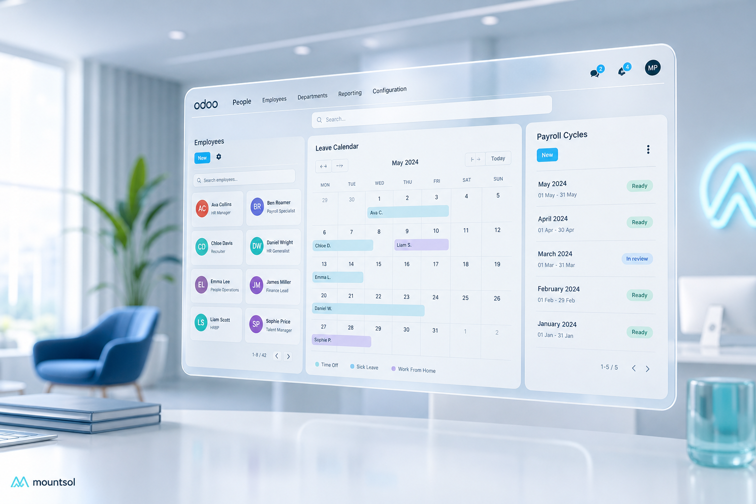 Odoo HR workspace with employee records, leave, and payroll cycle